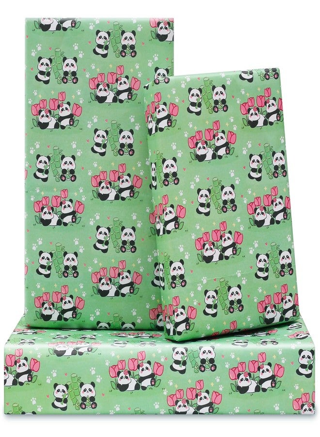 AircooL Panda Wrapping Paper for Kids Boys Girls, Cute Panda with Tulip Flower and Bamboo Gift Wrapping Paper 6 Sheets Foled Flat 20x30 Inches per Sheet, For Birthday Wedding Baby Shower - Image 1